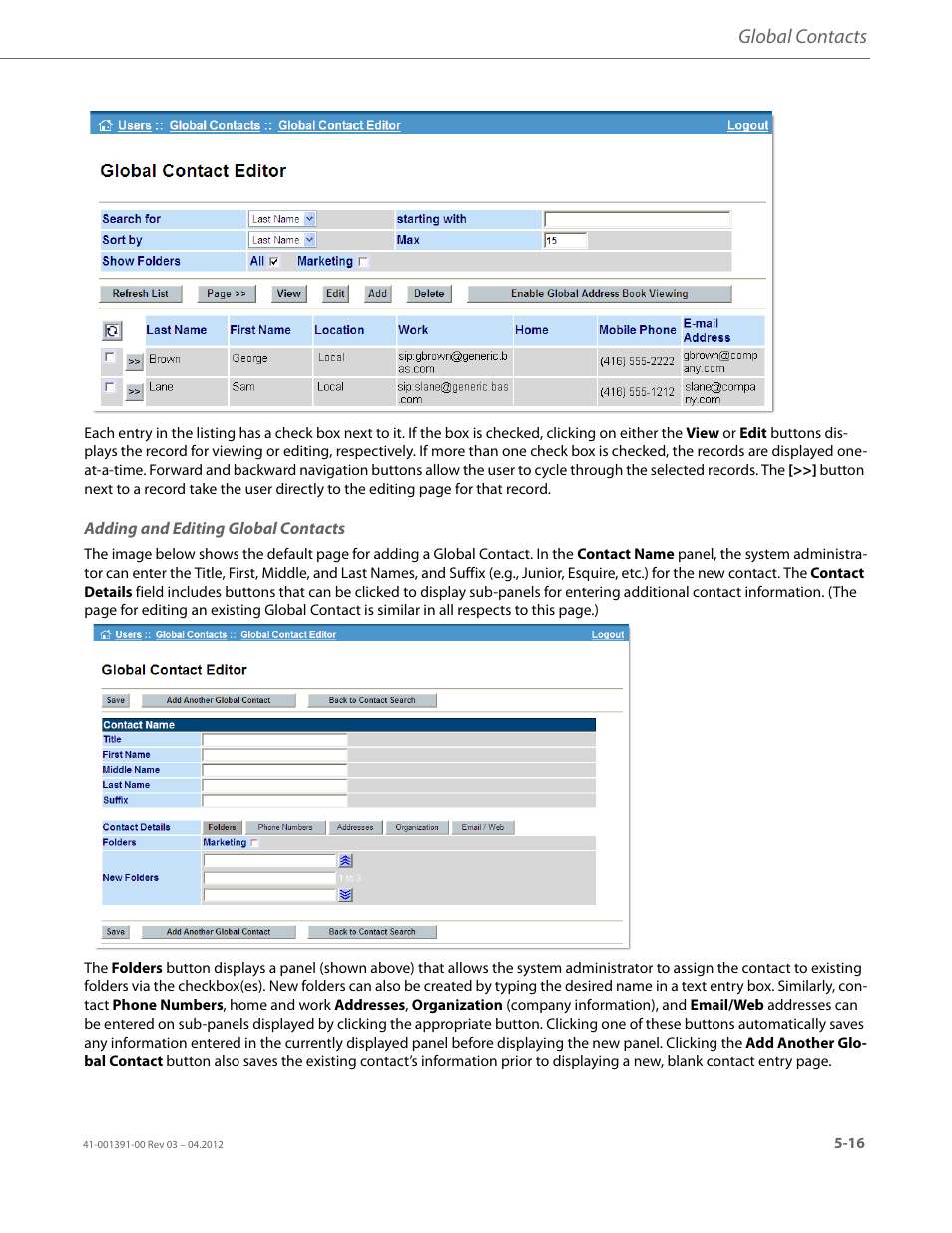 Adding and editing global contacts, Global contacts | AASTRA BluStar 8000i BAS-Mode Administrator Guides EN User Manual | Page 65 / 175