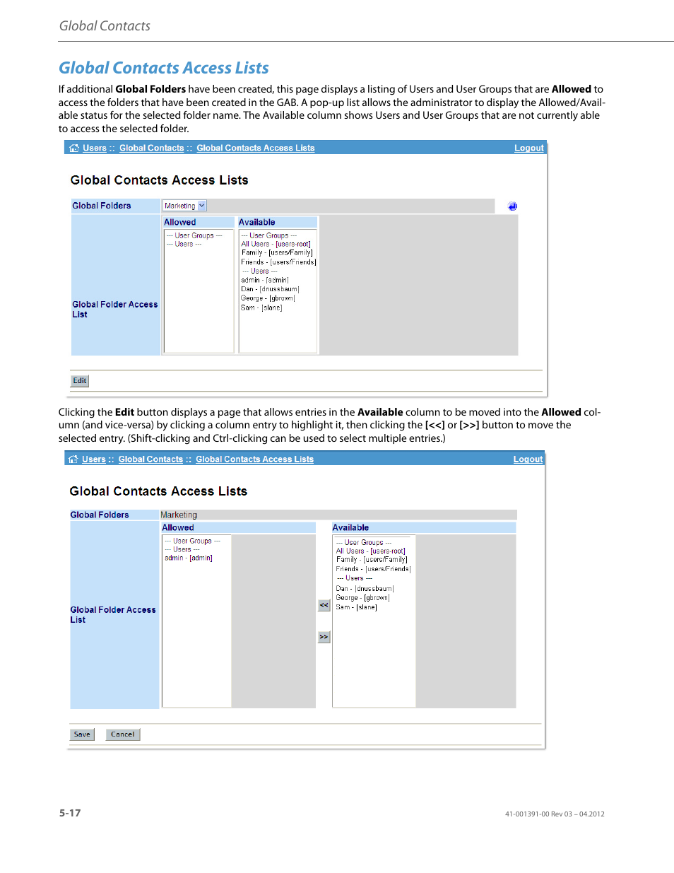 Global contacts access lists | AASTRA BluStar 8000i BAS-Mode Administrator Guides EN User Manual | Page 66 / 175