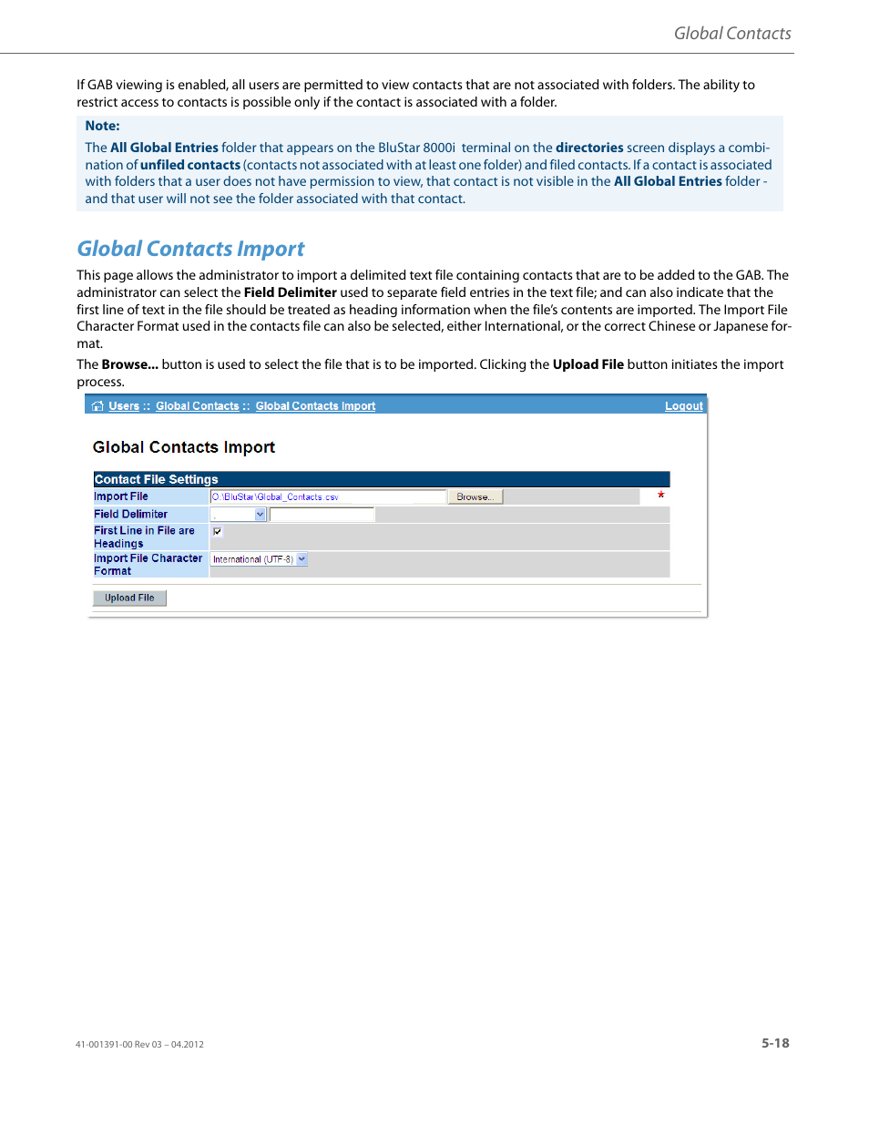 Global contacts import, Global contacts | AASTRA BluStar 8000i BAS-Mode Administrator Guides EN User Manual | Page 67 / 175