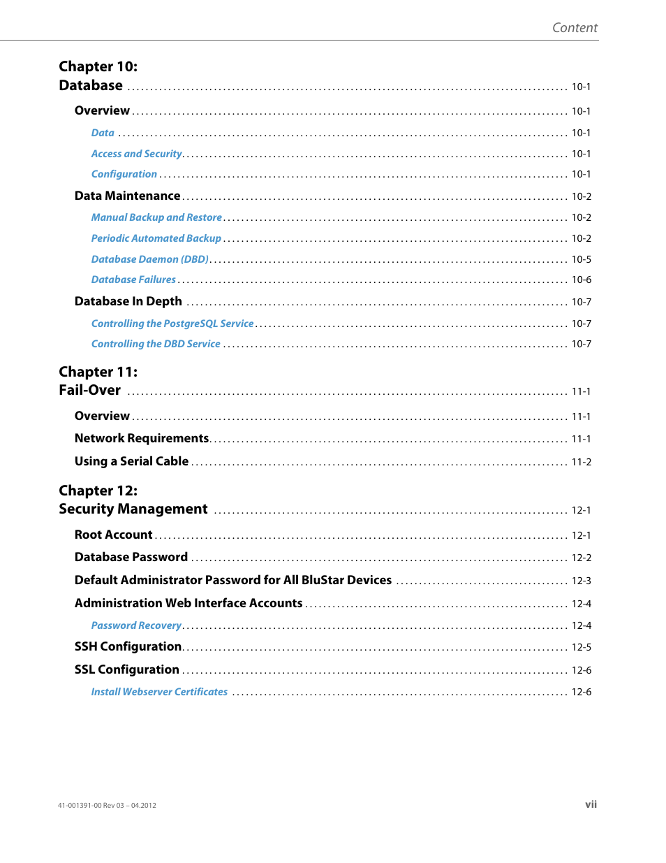 Chapter 10: database, Chapter 11: fail-over, Chapter 12: security management | Content | AASTRA BluStar 8000i BAS-Mode Administrator Guides EN User Manual | Page 7 / 175