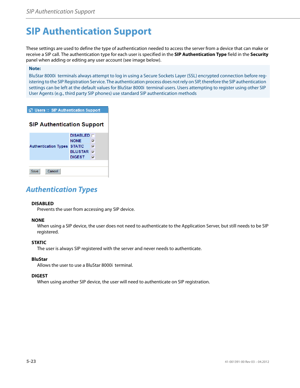 Sip authentication support, Authentication types | AASTRA BluStar 8000i BAS-Mode Administrator Guides EN User Manual | Page 72 / 175
