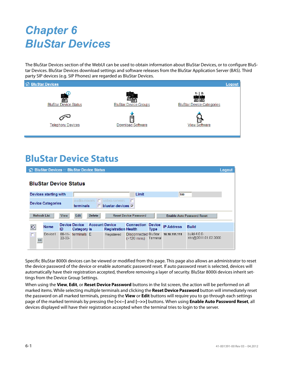 Chapter 6 blustar devices, Blustar device status, Chapter 6: blustar devices | AASTRA BluStar 8000i BAS-Mode Administrator Guides EN User Manual | Page 76 / 175