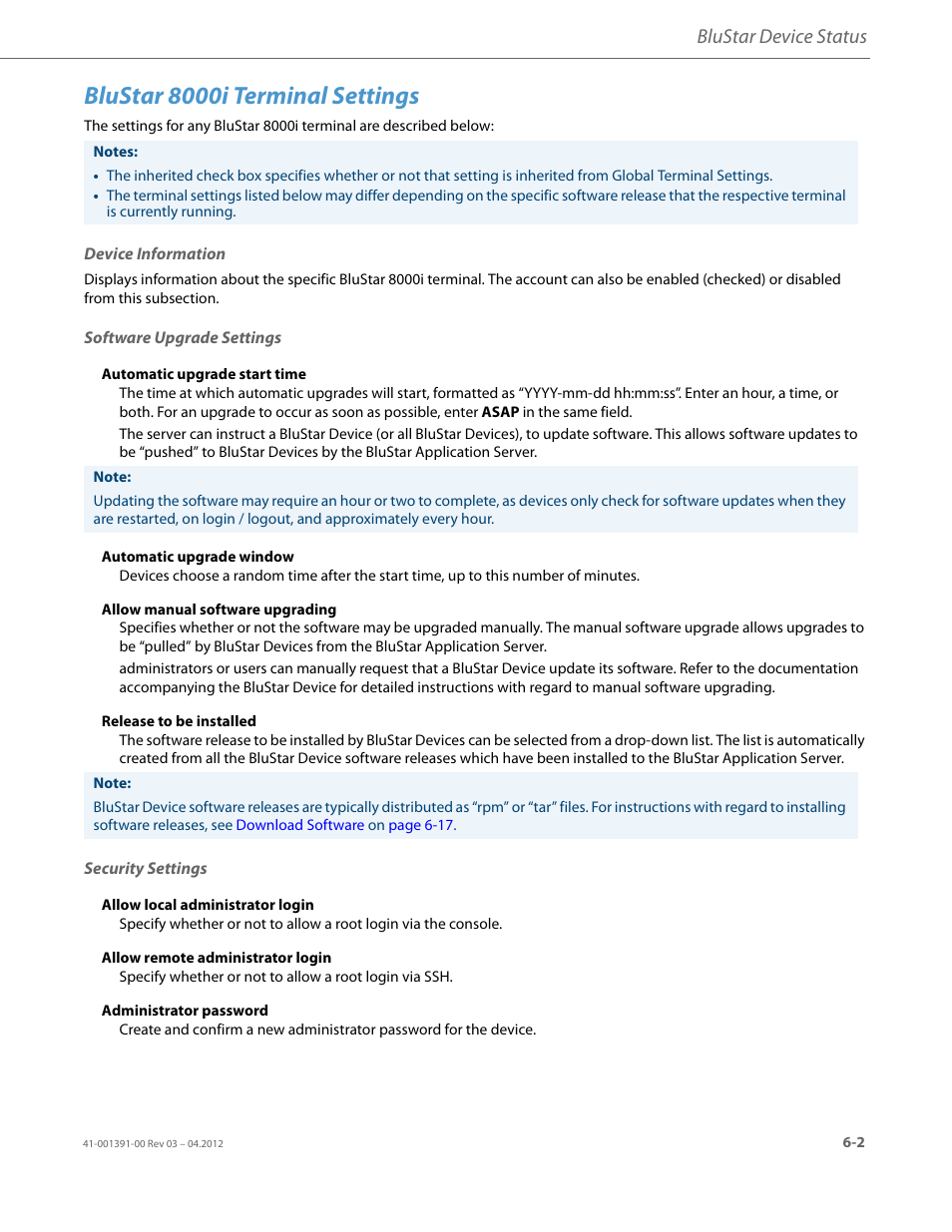 Blustar 8000i terminal settings, Device information, Software upgrade settings | Security settings, Blustar device status | AASTRA BluStar 8000i BAS-Mode Administrator Guides EN User Manual | Page 77 / 175