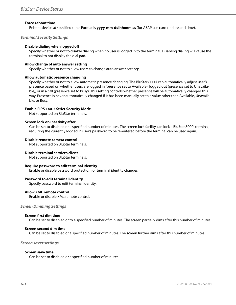 Terminal security settings, Screen dimming settings, Screen saver settings | Blustar device status | AASTRA BluStar 8000i BAS-Mode Administrator Guides EN User Manual | Page 78 / 175