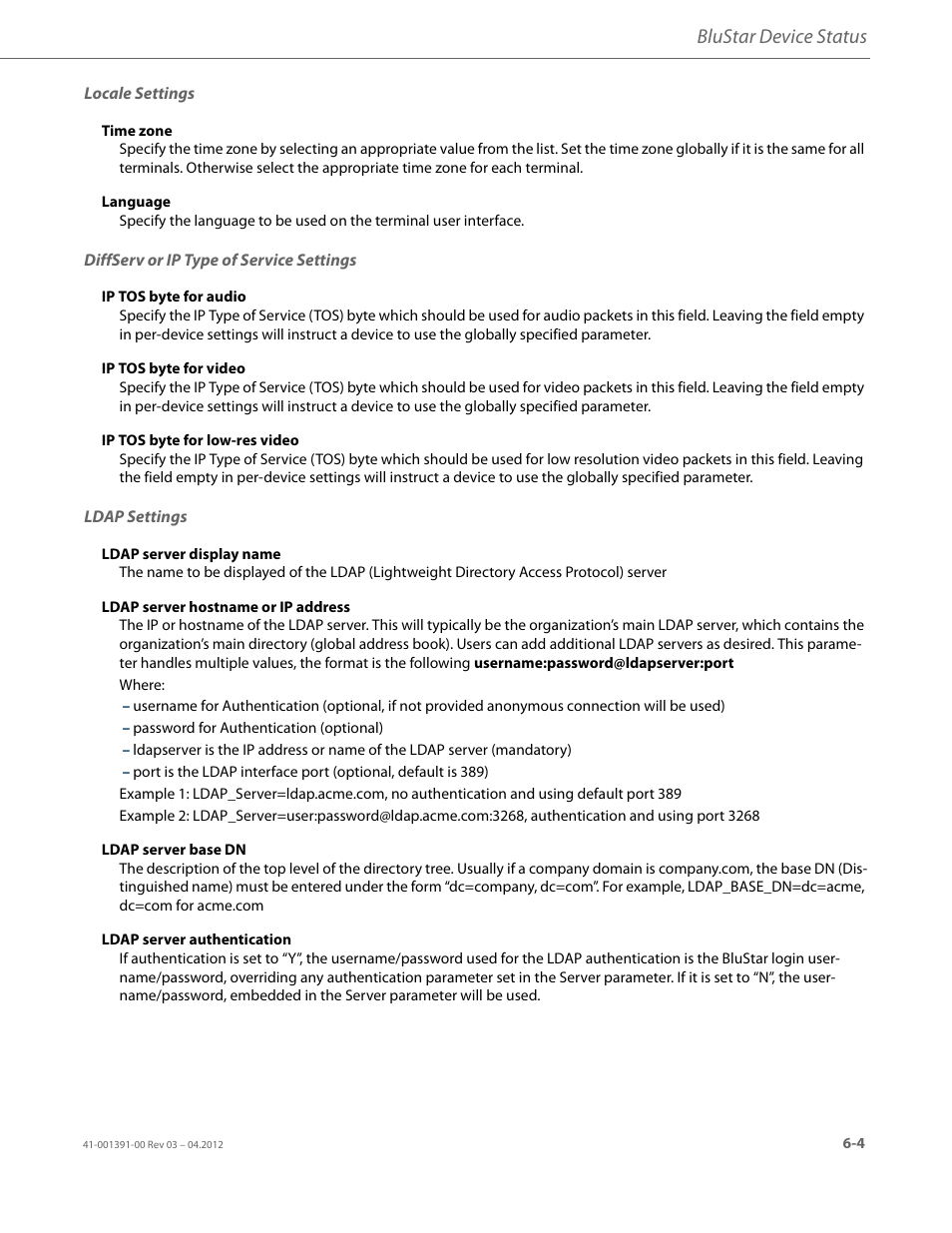 Locale settings, Diffserv or ip type of service settings, Ldap settings | Blustar device status | AASTRA BluStar 8000i BAS-Mode Administrator Guides EN User Manual | Page 79 / 175