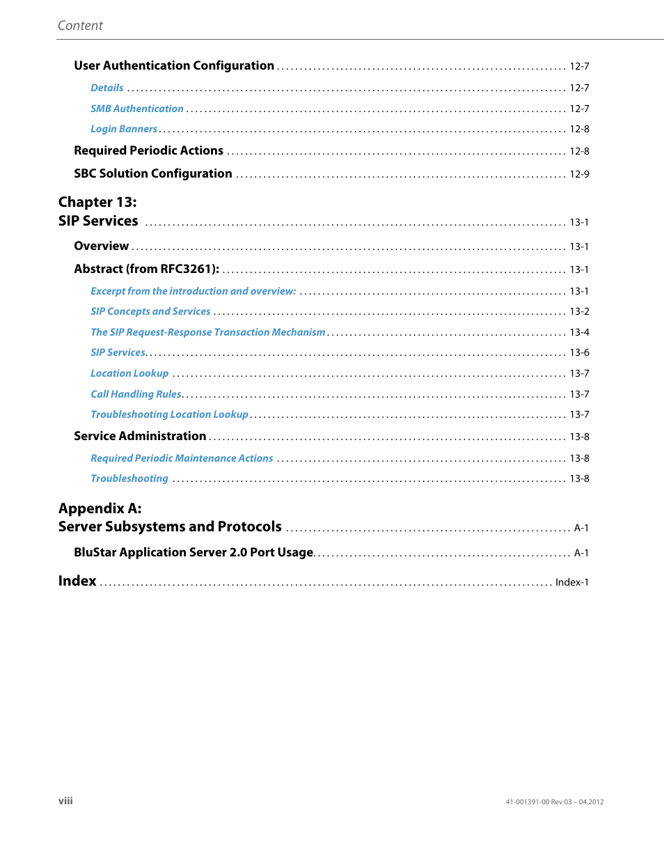 Chapter 13: sip services, Appendix a: server subsystems and protocols, Index | Content | AASTRA BluStar 8000i BAS-Mode Administrator Guides EN User Manual | Page 8 / 175