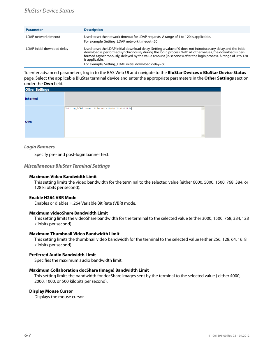 Login banners, Miscellaneous blustar terminal settings, Blustar device status | AASTRA BluStar 8000i BAS-Mode Administrator Guides EN User Manual | Page 82 / 175