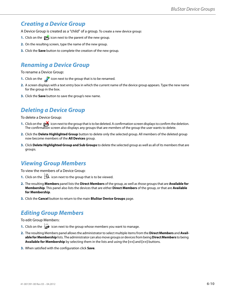 Creating a device group, Renaming a device group, Deleting a device group | Viewing group members, Editing group members, Blustar device groups | AASTRA BluStar 8000i BAS-Mode Administrator Guides EN User Manual | Page 85 / 175