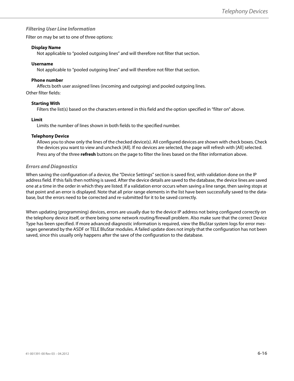 Filtering user line information, Errors and diagnostics, Telephony devices | AASTRA BluStar 8000i BAS-Mode Administrator Guides EN User Manual | Page 91 / 175
