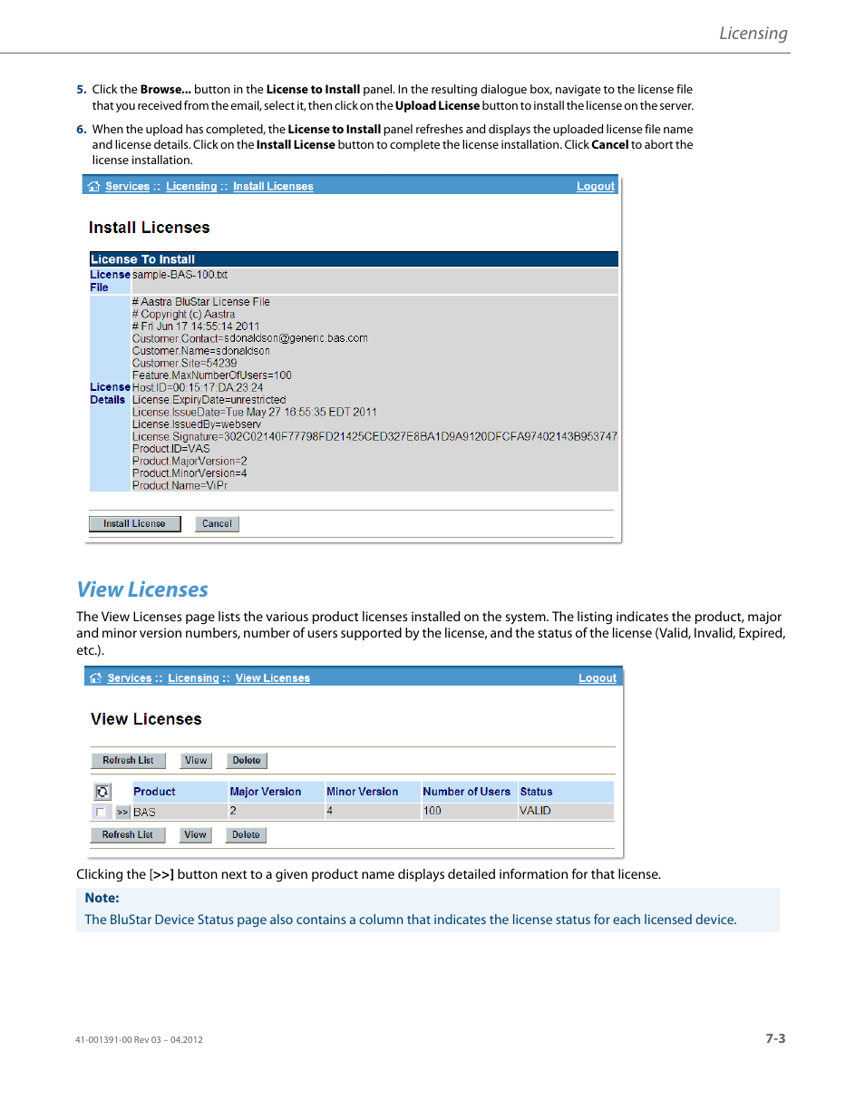 View licenses, Licensing | AASTRA BluStar 8000i BAS-Mode Administrator Guides EN User Manual | Page 97 / 175