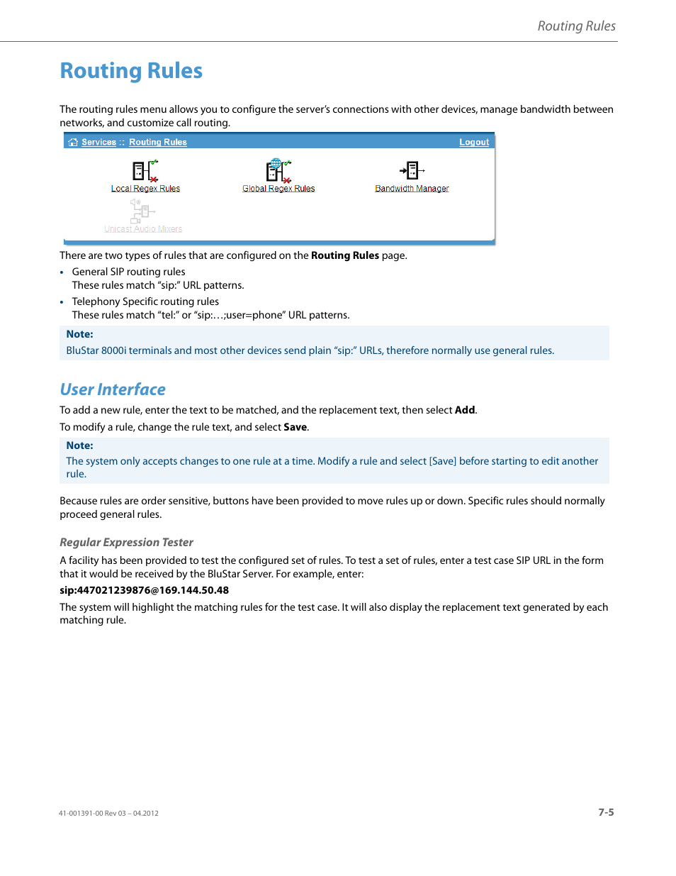 Routing rules, User interface, Regular expression tester | AASTRA BluStar 8000i BAS-Mode Administrator Guides EN User Manual | Page 99 / 175