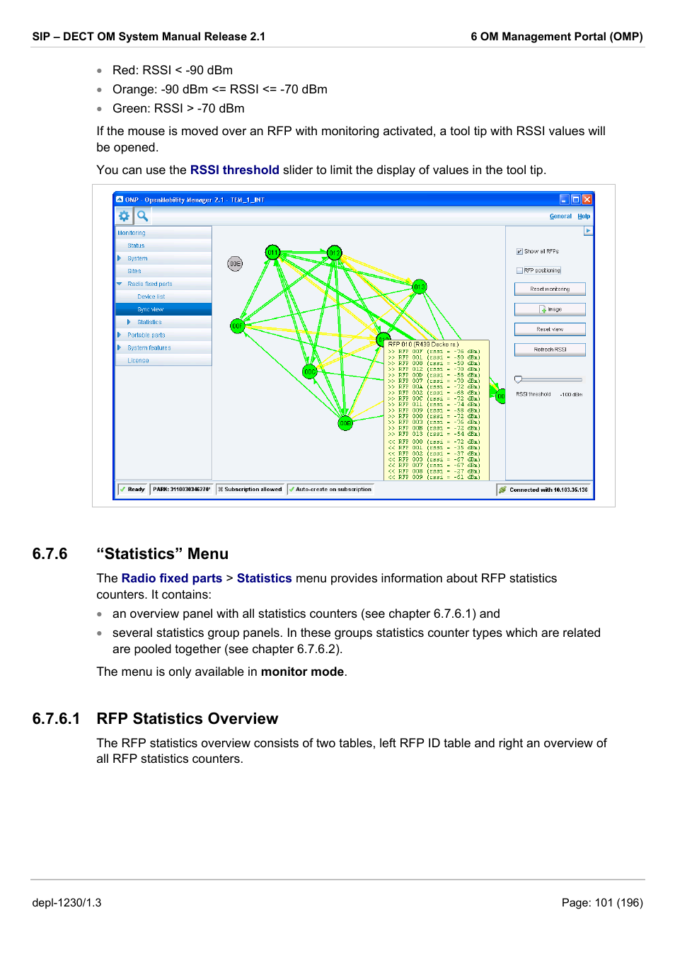 Statistics” menu, Rfp statistics overview, 6 “statistics” menu | 1 rfp statistics overview | AASTRA SIP-DECT (Release 2.1)- OM System Manual - Installation, Administration and Maintenance EN User Manual | Page 101 / 196