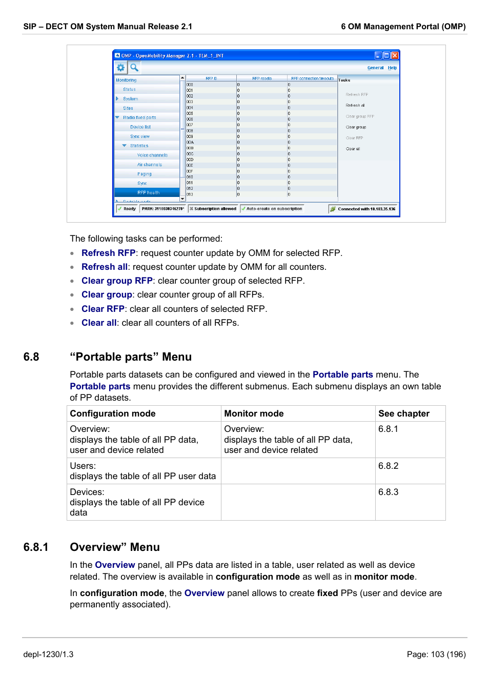 Portable parts” menu, Overview” menu, Ortable parts | 8 “portable parts” menu, 1 overview” menu | AASTRA SIP-DECT (Release 2.1)- OM System Manual - Installation, Administration and Maintenance EN User Manual | Page 103 / 196