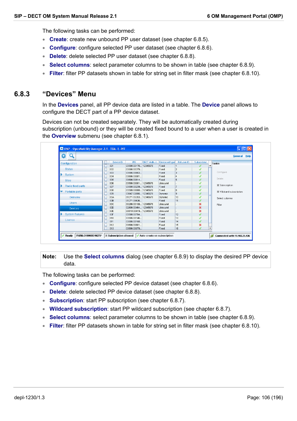 Devices” menu, 3 “devices” menu | AASTRA SIP-DECT (Release 2.1)- OM System Manual - Installation, Administration and Maintenance EN User Manual | Page 106 / 196