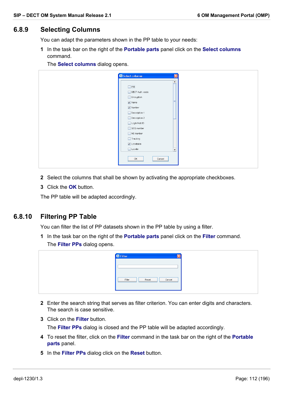 Selecting columns, Filtering pp table, 10 filtering pp table | Nd 6.8.10), 9 selecting columns | AASTRA SIP-DECT (Release 2.1)- OM System Manual - Installation, Administration and Maintenance EN User Manual | Page 112 / 196