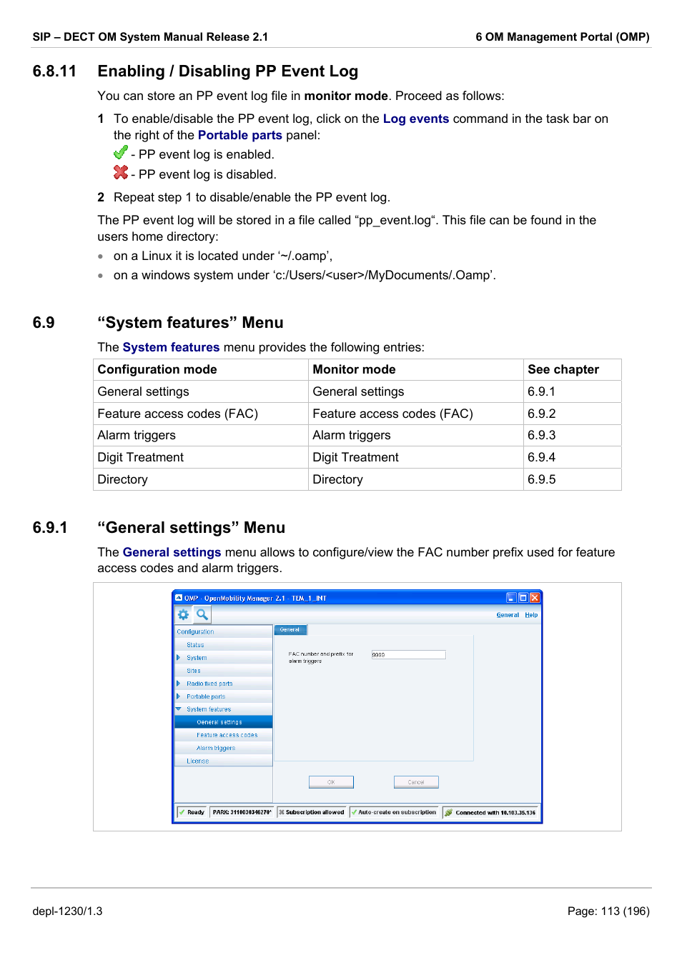 Enabling / disabling pp event log, System features” menu, General settings” menu | 11 enabling / disabling pp event log, Ystem features, 9 “system features” menu, 1 “general settings” menu | AASTRA SIP-DECT (Release 2.1)- OM System Manual - Installation, Administration and Maintenance EN User Manual | Page 113 / 196