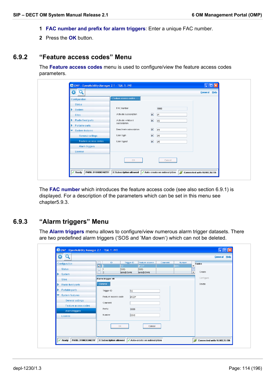 Feature access codes” menu, Alarm triggers” menu, Ion 6.9.3 | 2 “feature access codes” menu, 3 “alarm triggers” menu | AASTRA SIP-DECT (Release 2.1)- OM System Manual - Installation, Administration and Maintenance EN User Manual | Page 114 / 196