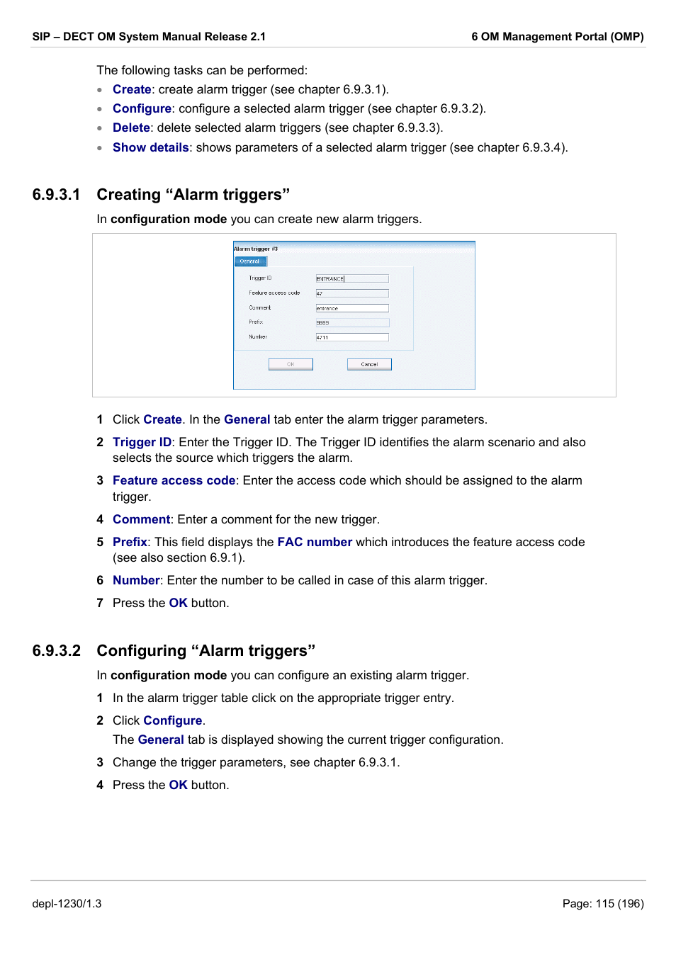 Creating “alarm triggers, Configuring “alarm triggers, 1 creating “alarm triggers | 2 configuring “alarm triggers | AASTRA SIP-DECT (Release 2.1)- OM System Manual - Installation, Administration and Maintenance EN User Manual | Page 115 / 196