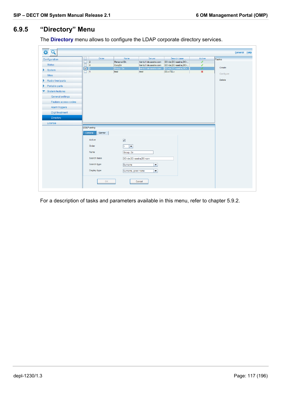 Directory” menu, 5 “directory” menu | AASTRA SIP-DECT (Release 2.1)- OM System Manual - Installation, Administration and Maintenance EN User Manual | Page 117 / 196