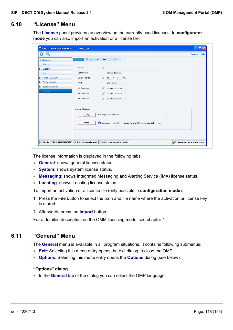 License” menu, General” menu, 10 “l | Icense, 11 “g, Eneral, Or via the omp (see chapter 6.10), Menu, see chapter 6.11, 10 “license” menu, 11 “general” menu | AASTRA SIP-DECT (Release 2.1)- OM System Manual - Installation, Administration and Maintenance EN User Manual | Page 118 / 196