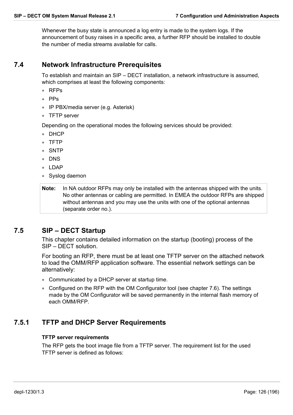 Network infrastructure prerequisites, Sip – dect startup, Tftp and dhcp server requirements | Etwork, Nfrastructure, Rerequisites, Sip – dect s, Tartup, 4 network infrastructure prerequisites, 5 sip – dect startup | AASTRA SIP-DECT (Release 2.1)- OM System Manual - Installation, Administration and Maintenance EN User Manual | Page 126 / 196