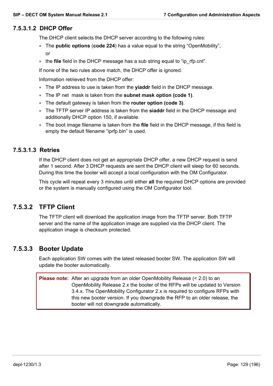 Dhcp offer, Retries, Tftp client | Booter update, 2 dhcp offer 7.5.3.1.3 retries 7.5.3.2, 2 tftp client, 3 booter update | AASTRA SIP-DECT (Release 2.1)- OM System Manual - Installation, Administration and Maintenance EN User Manual | Page 129 / 196