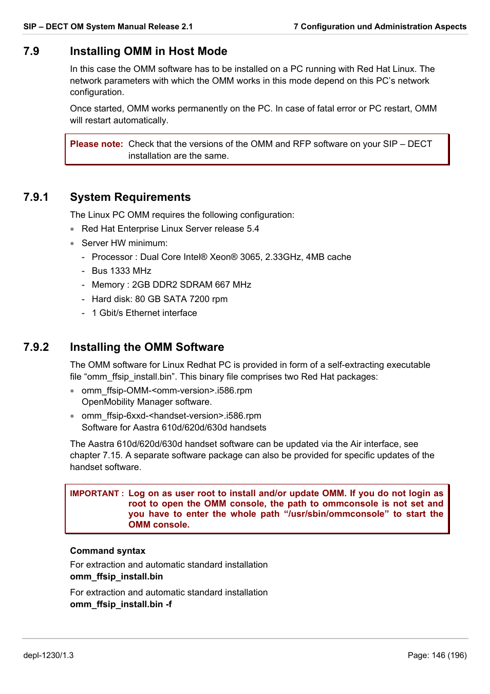 Installing omm in host mode, System requirements, Installing the omm software | Nstalling, Ile of a pc-based omm (see chapter 7.7), Chapter 7.8), 9 installing omm in host mode, 1 system requirements, 2 installing the omm software | AASTRA SIP-DECT (Release 2.1)- OM System Manual - Installation, Administration and Maintenance EN User Manual | Page 146 / 196
