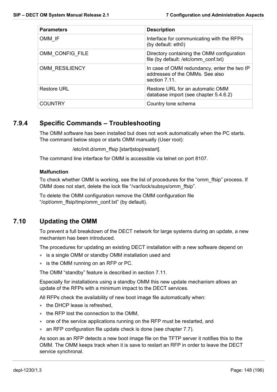 Specific commands – troubleshooting, Updating the omm, 10 u | Pdating the, The omm see the section 7.10, 4 specific commands – troubleshooting, 10 updating the omm | AASTRA SIP-DECT (Release 2.1)- OM System Manual - Installation, Administration and Maintenance EN User Manual | Page 148 / 196
