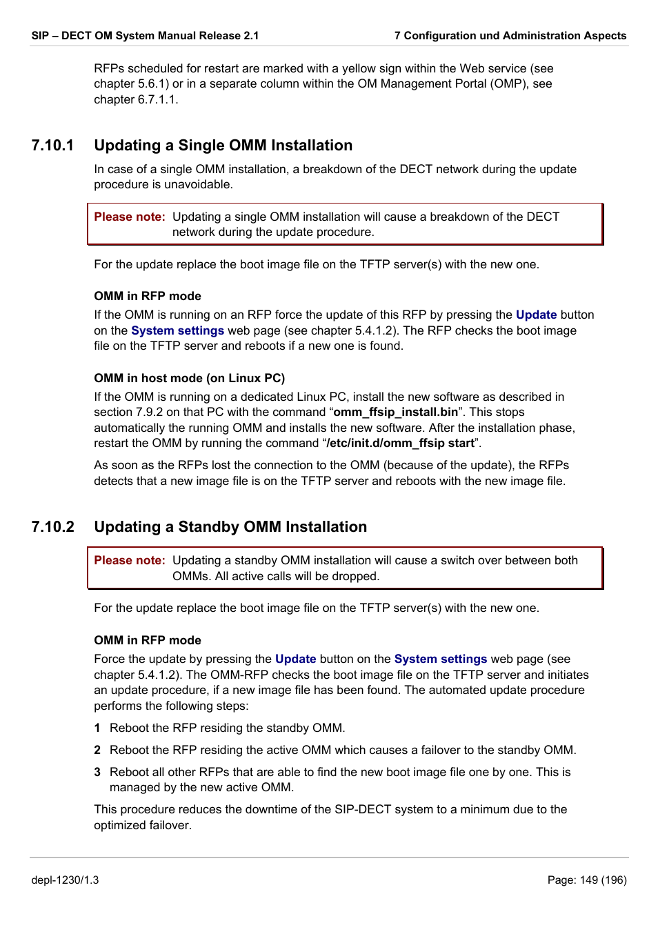 Updating a single omm installation, Updating a standby omm installation, 1 updating a single omm installation | 2 updating a standby omm installation | AASTRA SIP-DECT (Release 2.1)- OM System Manual - Installation, Administration and Maintenance EN User Manual | Page 149 / 196