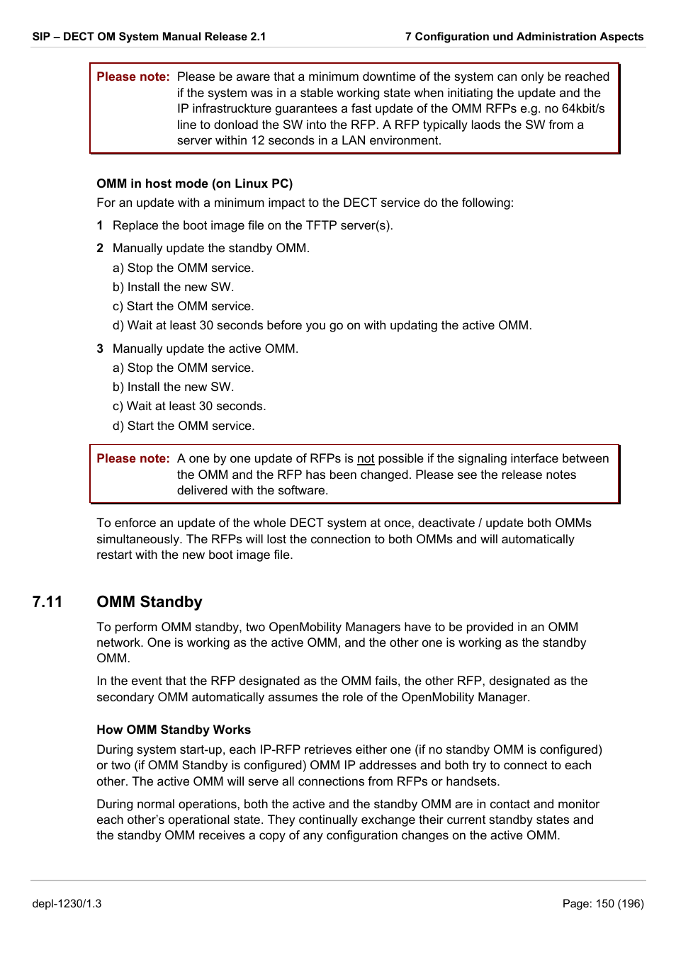 Omm standby, 11 omm s, Tandby | Chapter 7.11, Ee chapter 7.11), Standby omm (see chapter 7.11), Ction 7.11, 11 omm standby | AASTRA SIP-DECT (Release 2.1)- OM System Manual - Installation, Administration and Maintenance EN User Manual | Page 150 / 196