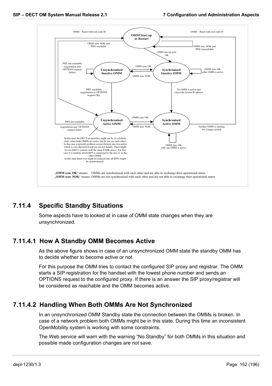 Specific standby situations, How a standby omm becomes active, Handling when both omms are not synchronized | 4 specific standby situations, 1 how a standby omm becomes active, 2 handling when both omms are not synchronized | AASTRA SIP-DECT (Release 2.1)- OM System Manual - Installation, Administration and Maintenance EN User Manual | Page 152 / 196