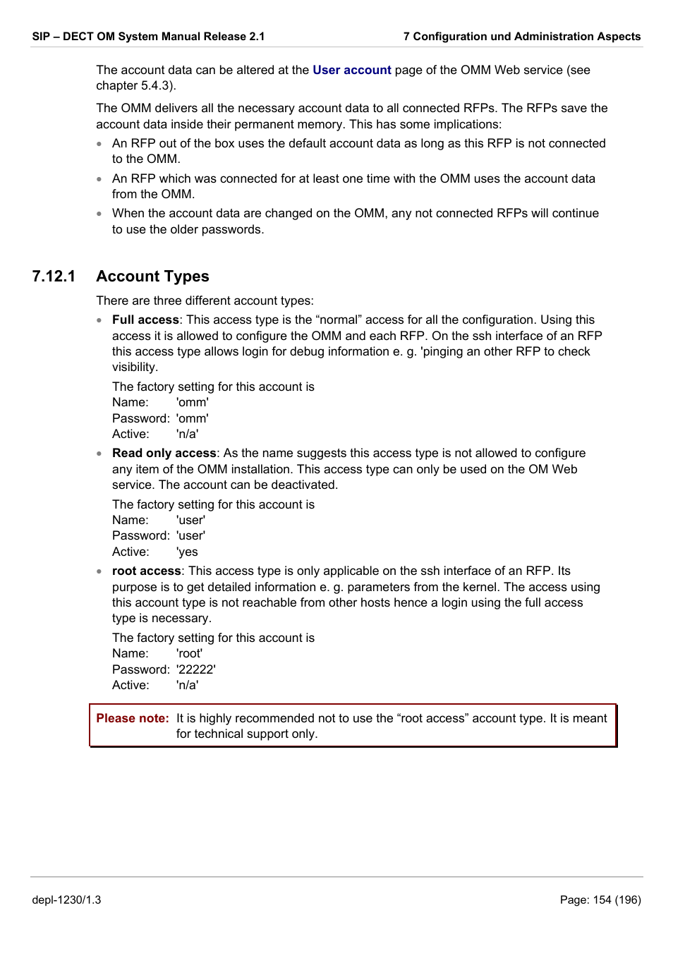 Account types, 1 account types, Ction 7.12.1 | AASTRA SIP-DECT (Release 2.1)- OM System Manual - Installation, Administration and Maintenance EN User Manual | Page 154 / 196