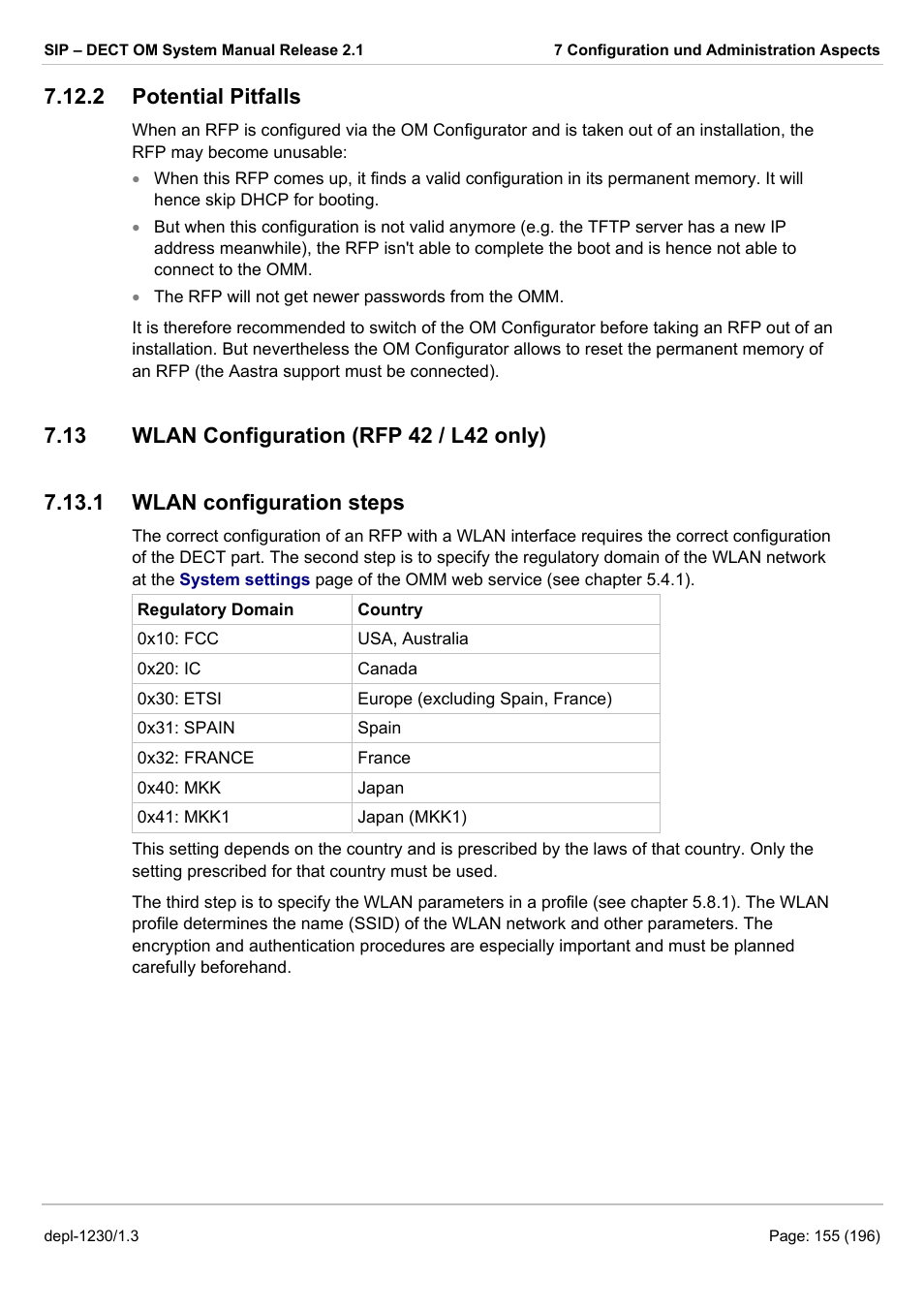 Potential pitfalls, Wlan configuration (rfp 42 / l42 only), Wlan configuration steps | 2 potential pitfalls, 13 wlan c, Onfiguration, Rfp 42 / l42, Only, 1 wlan configuration steps, Ction 7.13 | AASTRA SIP-DECT (Release 2.1)- OM System Manual - Installation, Administration and Maintenance EN User Manual | Page 155 / 196