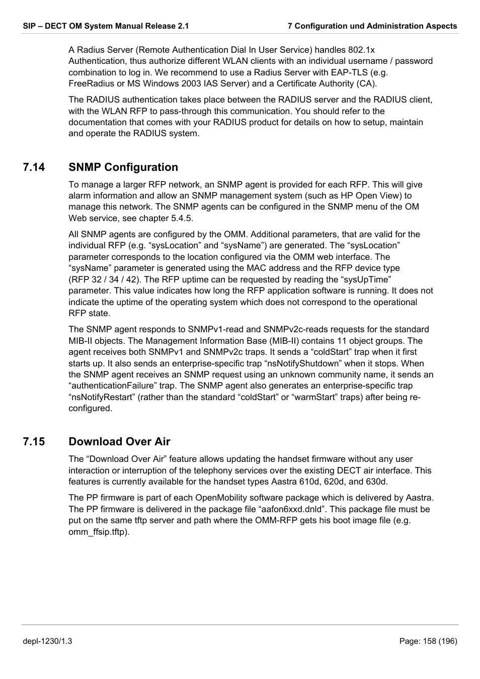 Snmp configuration, Download over air, 14 snmp c | Onfiguration, 15 d, Ownload, Anagement software (see 7.14). to integrate to, Ion 7.15, Section 7.14, Chapter 7.15) | AASTRA SIP-DECT (Release 2.1)- OM System Manual - Installation, Administration and Maintenance EN User Manual | Page 158 / 196