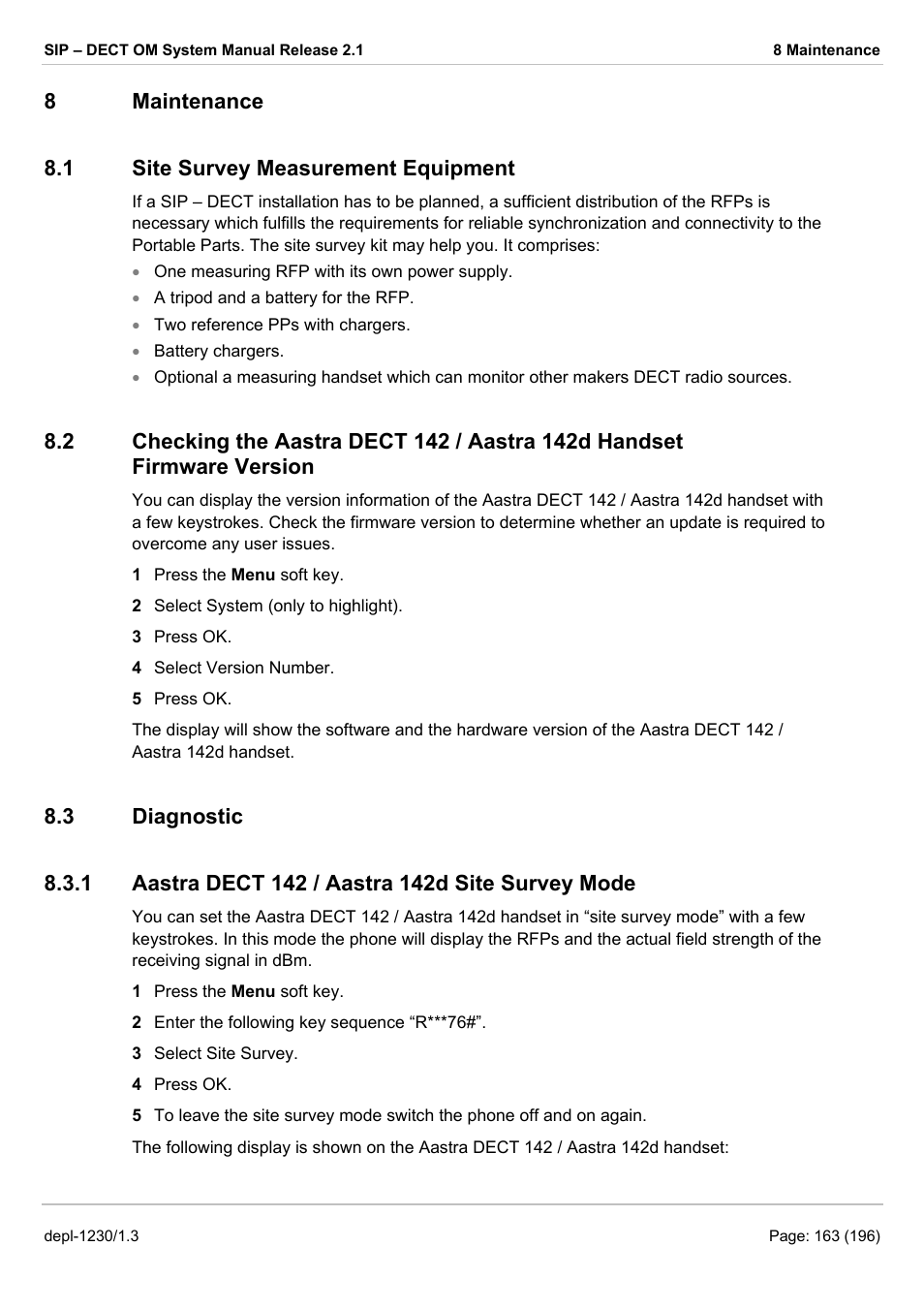Maintenance, Site survey measurement equipment, Checking the aastra dect 142 / aastra 142d handse | Diagnostic, Aastra dect 142 / aastra 142d site survey mode, Maintenance 8.1, Urvey, Easurement, Quipment, Hecking the | AASTRA SIP-DECT (Release 2.1)- OM System Manual - Installation, Administration and Maintenance EN User Manual | Page 163 / 196