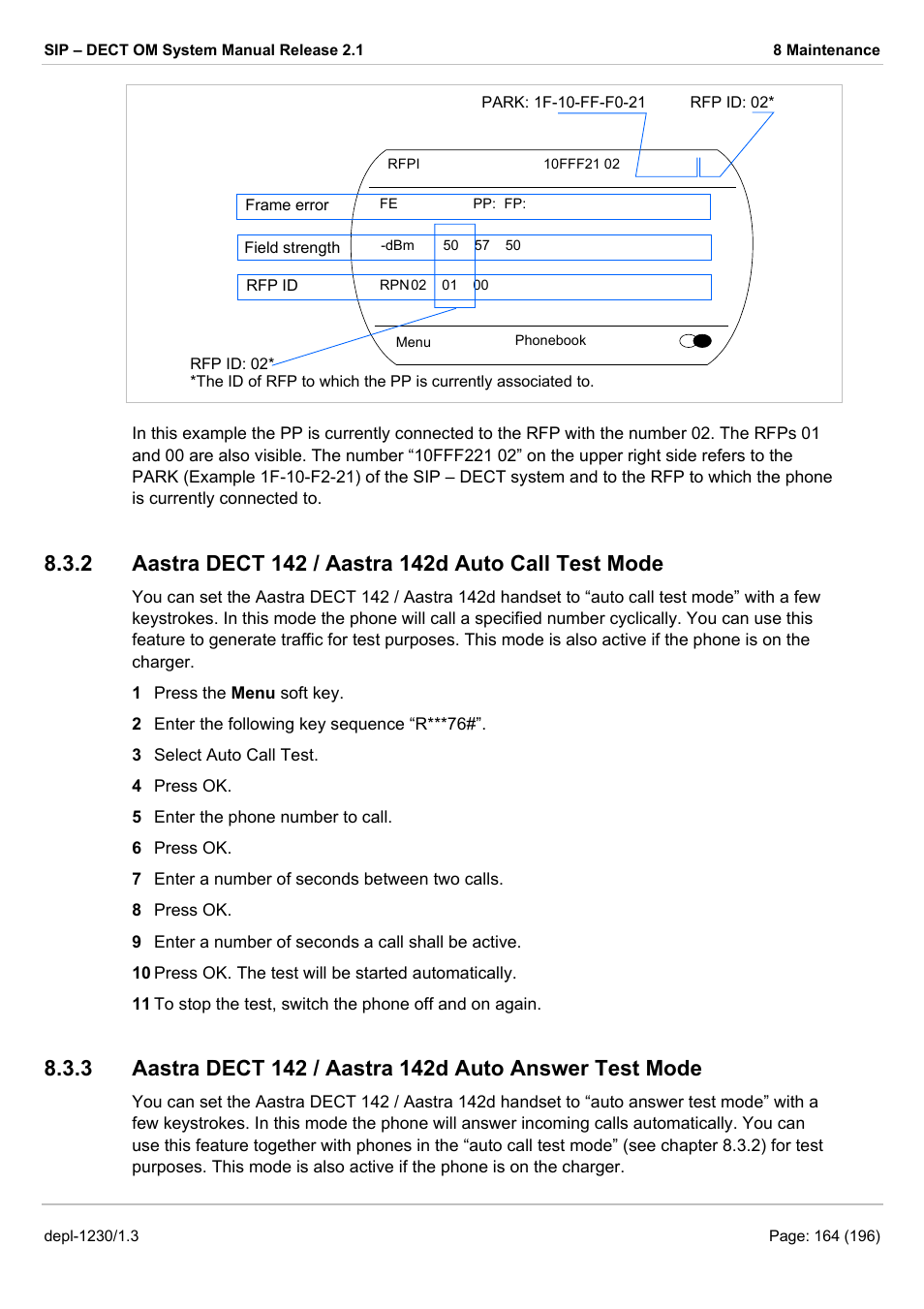 Aastra dect 142 / aastra 142d auto call test mode | AASTRA SIP-DECT (Release 2.1)- OM System Manual - Installation, Administration and Maintenance EN User Manual | Page 164 / 196