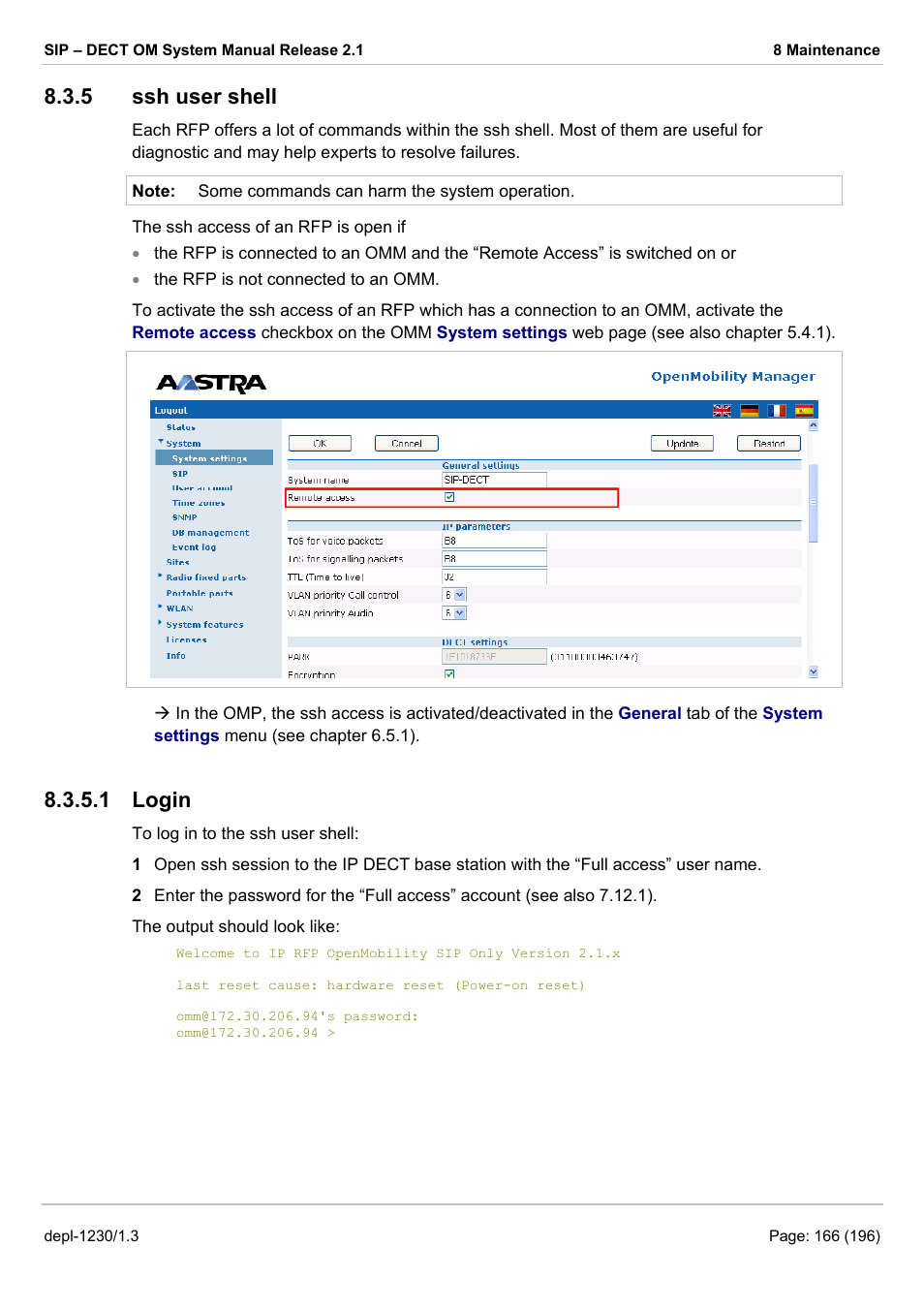 Ssh user shell, Login, 5 ssh user shell | 1 login | AASTRA SIP-DECT (Release 2.1)- OM System Manual - Installation, Administration and Maintenance EN User Manual | Page 166 / 196