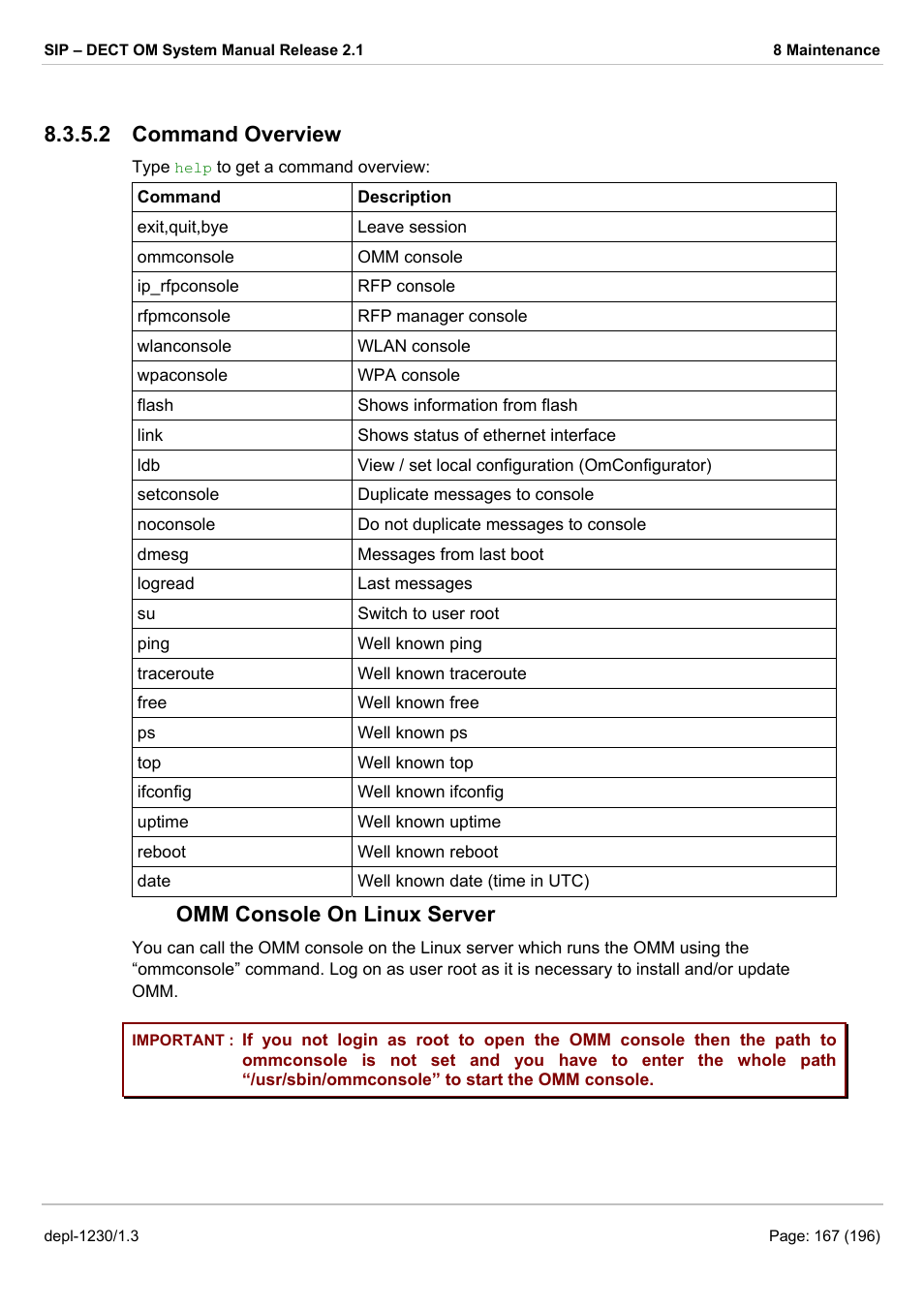 Command overview, Omm console on linux server, 2 command overview | AASTRA SIP-DECT (Release 2.1)- OM System Manual - Installation, Administration and Maintenance EN User Manual | Page 167 / 196