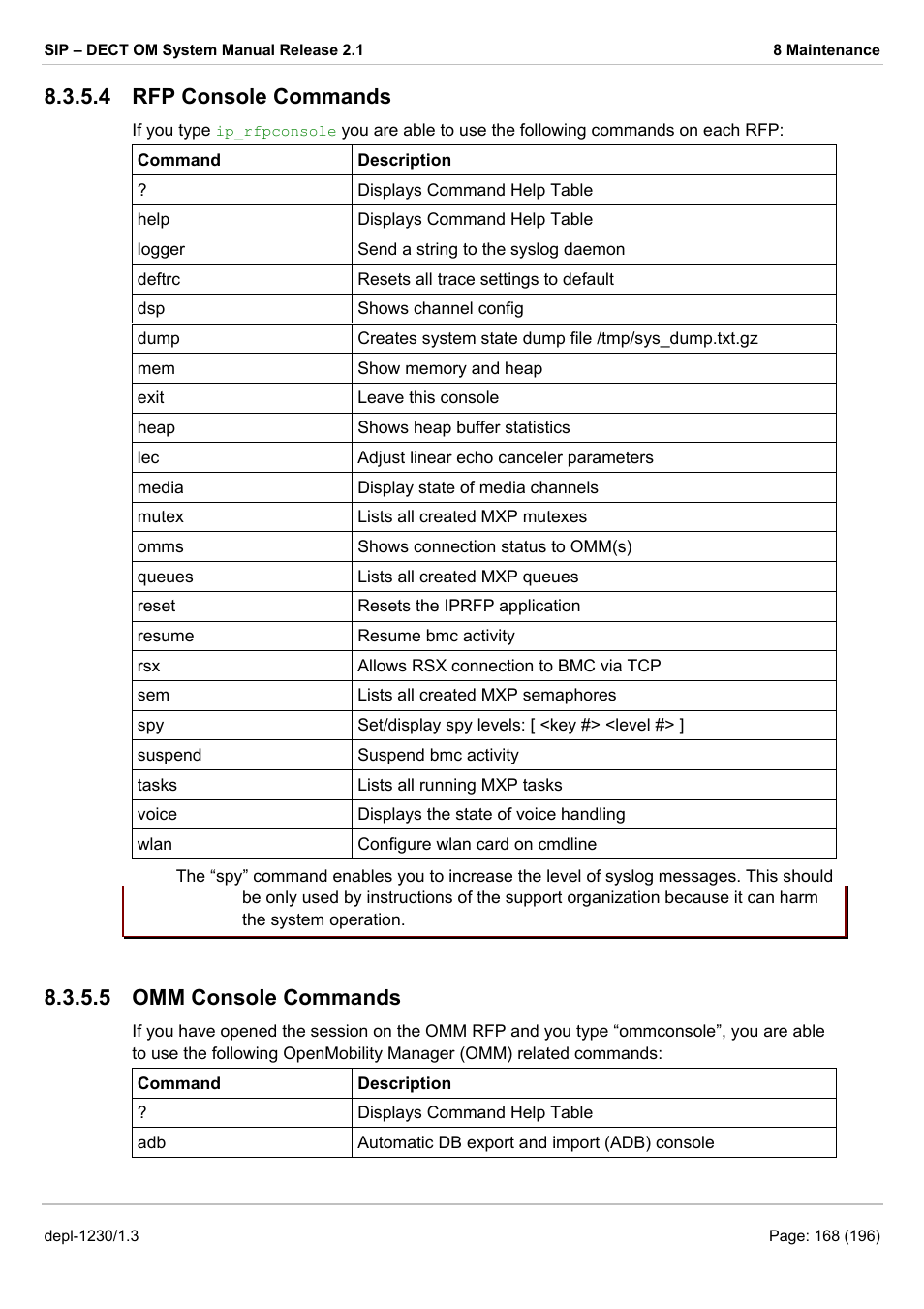 Rfp console commands, Omm console commands, 4 rfp console commands | 5 omm console commands | AASTRA SIP-DECT (Release 2.1)- OM System Manual - Installation, Administration and Maintenance EN User Manual | Page 168 / 196