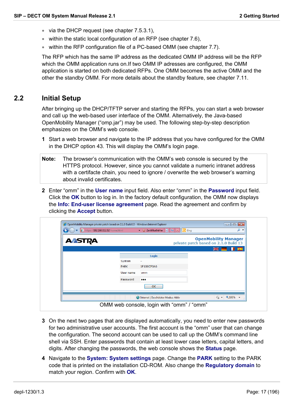 Initial setup, Nitial, Etup | 2 initial setup | AASTRA SIP-DECT (Release 2.1)- OM System Manual - Installation, Administration and Maintenance EN User Manual | Page 17 / 196