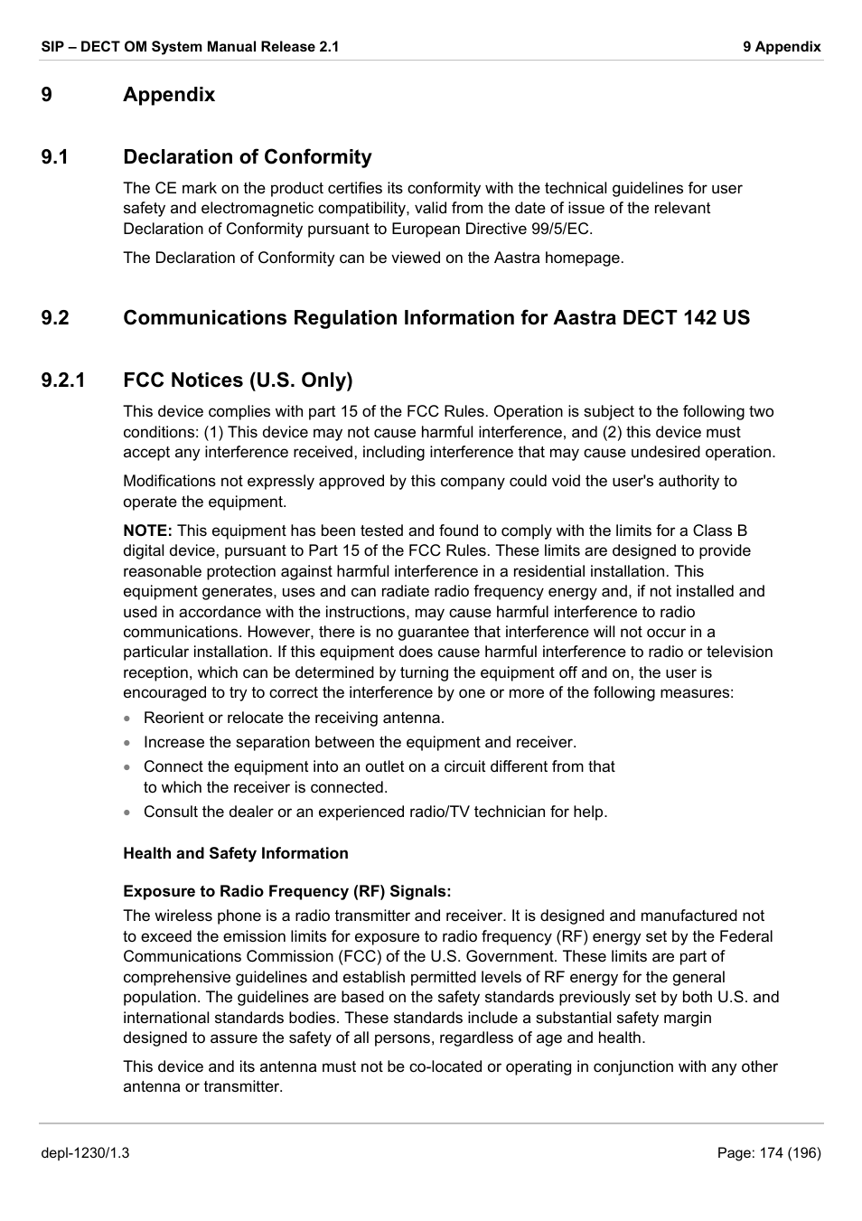 Appendix, Declaration of conformity, Communications regulation information for aastra | Fcc notices (u.s. only), Appendix 9.1, Eclaration of, Onformity, Ommunications, Egulation, Nformation for | AASTRA SIP-DECT (Release 2.1)- OM System Manual - Installation, Administration and Maintenance EN User Manual | Page 174 / 196