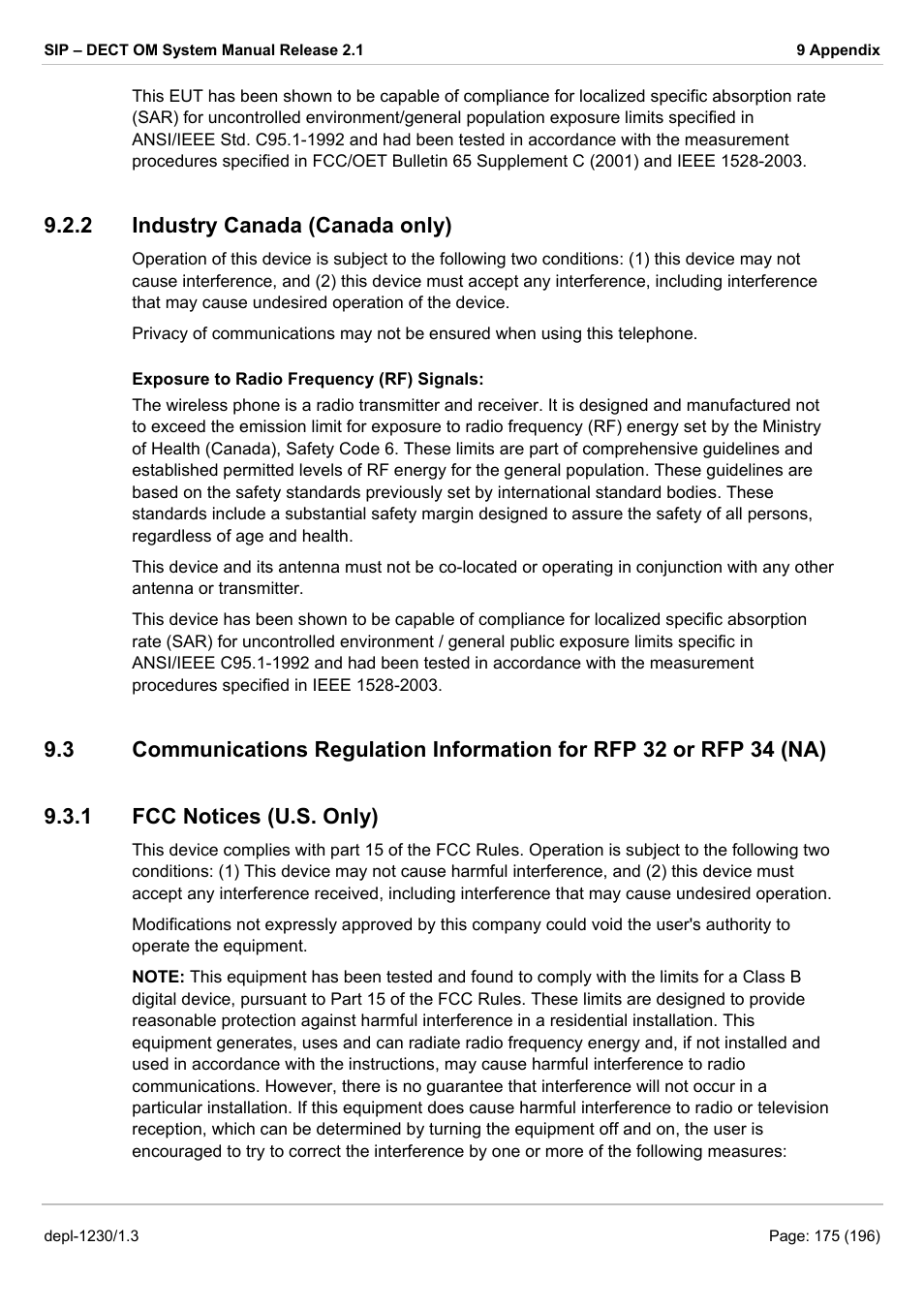 Industry canada (canada only), Fcc notices (u.s. only), Ommunications | Egulation, Nformation for, Rfp 32, Rfp 34 (na), 2 industry canada (canada only) | AASTRA SIP-DECT (Release 2.1)- OM System Manual - Installation, Administration and Maintenance EN User Manual | Page 175 / 196