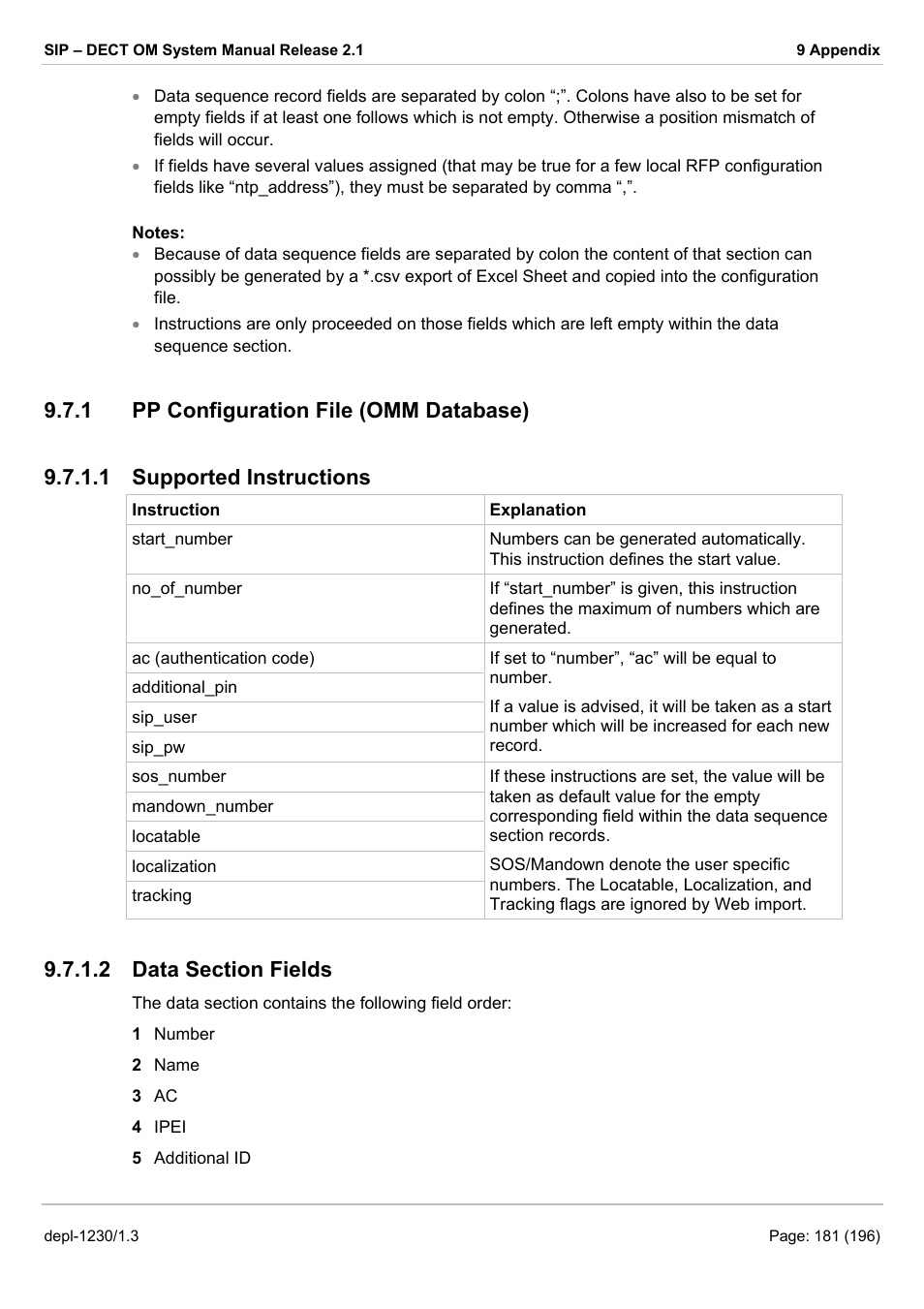 Pp configuration file (omm database), Supported instructions, Data section fields | AASTRA SIP-DECT (Release 2.1)- OM System Manual - Installation, Administration and Maintenance EN User Manual | Page 181 / 196