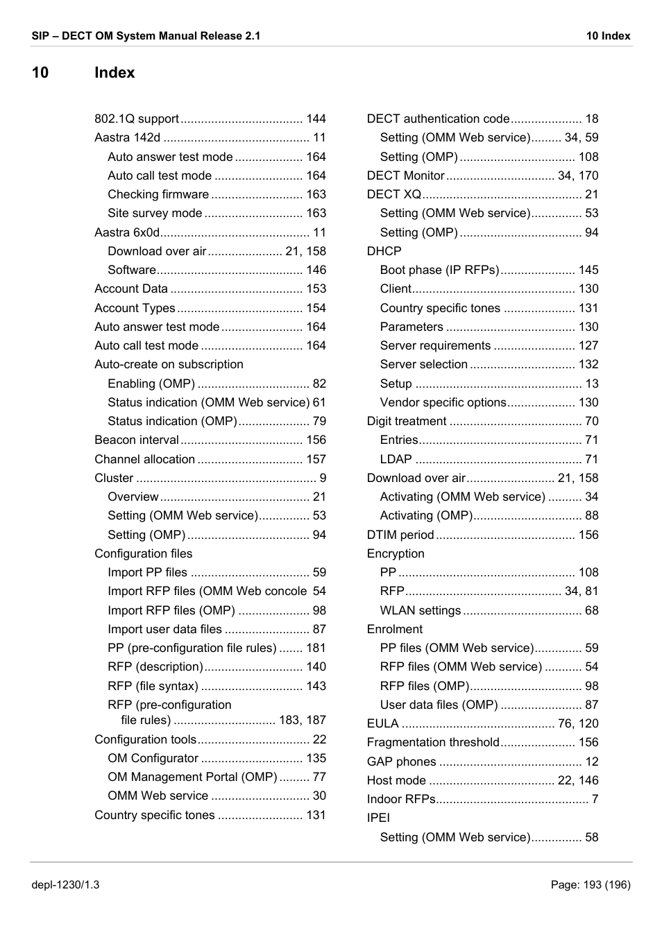 Index, 10 index | AASTRA SIP-DECT (Release 2.1)- OM System Manual - Installation, Administration and Maintenance EN User Manual | Page 193 / 196