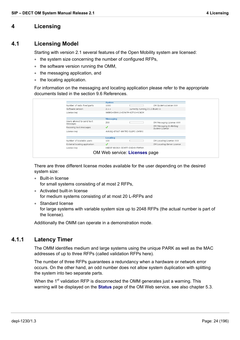 Licensing, Licensing model, Latency timer | Licensing 4.1, Icensing, Odel, 4licensing 4.1 licensing model, 1 latency timer | AASTRA SIP-DECT (Release 2.1)- OM System Manual - Installation, Administration and Maintenance EN User Manual | Page 24 / 196