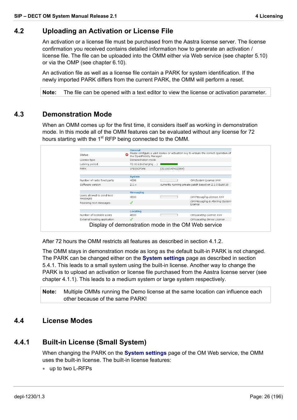 Uploading an activation or license file, Demonstration mode, License modes | Built-in license (small system), Ploading an, Ctivation or, Icense, Emonstration, Odes, 2 uploading an activation or license file | AASTRA SIP-DECT (Release 2.1)- OM System Manual - Installation, Administration and Maintenance EN User Manual | Page 26 / 196