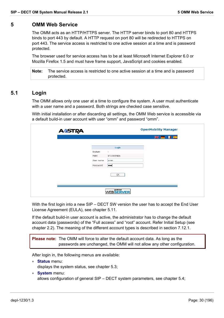 Omm web service, Login, Omm web service 5.1 | Ogin, 5omm web service, 1 login | AASTRA SIP-DECT (Release 2.1)- OM System Manual - Installation, Administration and Maintenance EN User Manual | Page 30 / 196