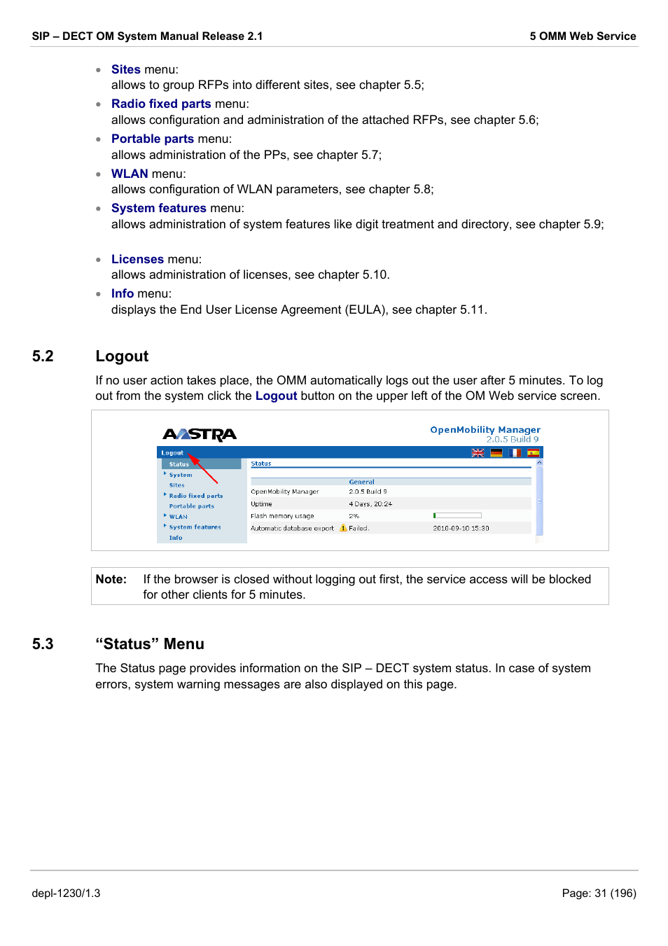 Logout, Status” menu, Ogout | Tatus, 2 logout, 3 “status” menu | AASTRA SIP-DECT (Release 2.1)- OM System Manual - Installation, Administration and Maintenance EN User Manual | Page 31 / 196