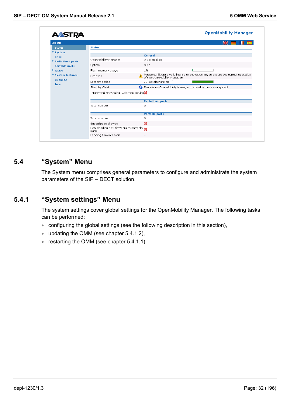 System” menu, System settings” menu, Ystem | This lea, Eters, see chapter 5.4, 4 “system” menu, 1 “system settings” menu | AASTRA SIP-DECT (Release 2.1)- OM System Manual - Installation, Administration and Maintenance EN User Manual | Page 32 / 196