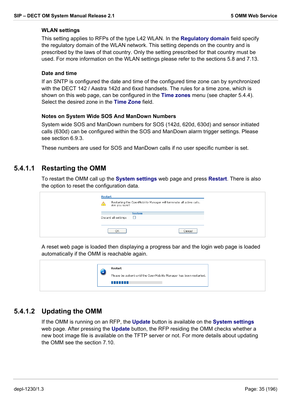 Restarting the omm, Updating the omm, 1 restarting the omm | 2 updating the omm | AASTRA SIP-DECT (Release 2.1)- OM System Manual - Installation, Administration and Maintenance EN User Manual | Page 35 / 196